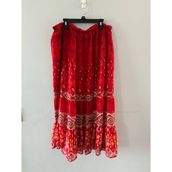 JM Collection Womens Tiered Maxi Skirt Size 12 Red Aztec Boho Southwestern - Picture 2 of 5